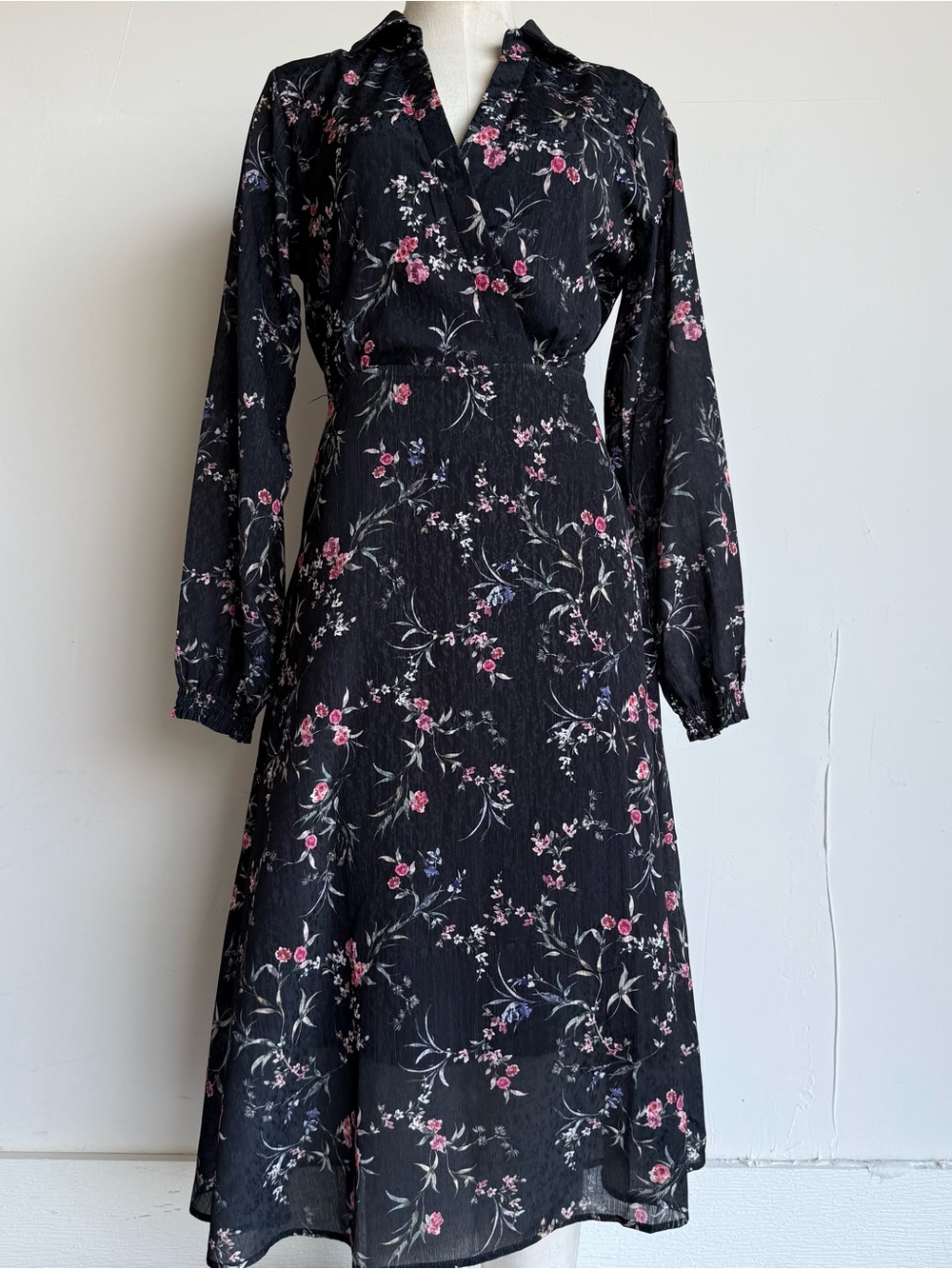 Black Floral Midi Dress with Pink Accents